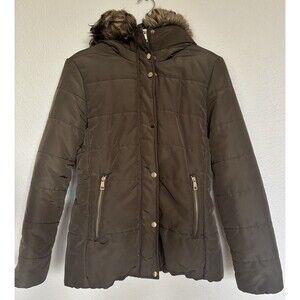 H&M Women’s Olive Green Puffer Jacket Faux Fur Hood Zip Front Size 6